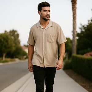 Linea Dome Men L Beige Button Down Comfortable Casual Beach Vacation Dress Shirt